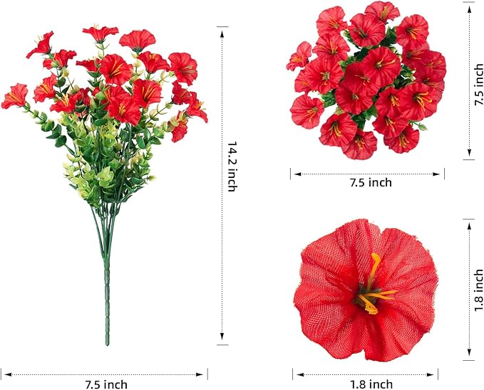 Artificial Flowers Fake Plants for Outdoors Decoration, 12 Bundles Red Silk Morning Glory with Eucalyptus Realistic UV Resistant Faux Flowers Greenery for Outside Planter Yard Garden Home Indoor Patio