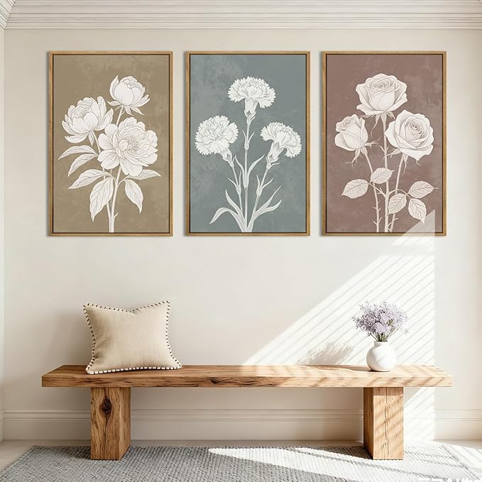 BINCUE Boho Floral Wall Painting Framed Botanical Wall Art Decor Flower Print Flower Artwork Floral Art Prints Flowers Pictures for Living Room Bedroom Dining Room Farmhouse 16x24 Inch Set of 3 Gift