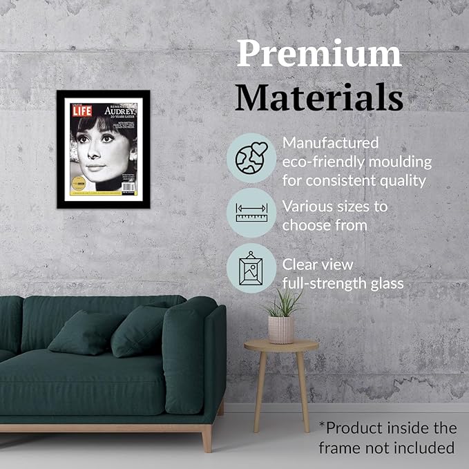 Creative Picture Frames 8.5 x 10.87 Magazine Frame with Full-Strength Glass, Holds Up To A 1/4" Thick Media with Installed Hangers for Easy Mounting, 11x14 Manhattan Black Frame with White Mat