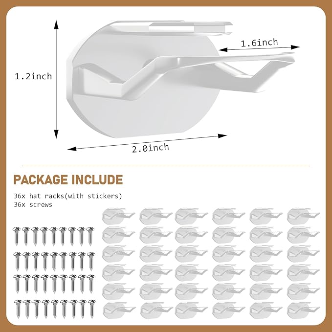 36 Pack Adhesive Hat Hooks for Wall, Super Strong Hat Rack for Baseball Caps, Hat Organizer Display for Home Decor, Hat Hangers Holder for Wall, Door, Closet, No Drilling - USA Patented (White)