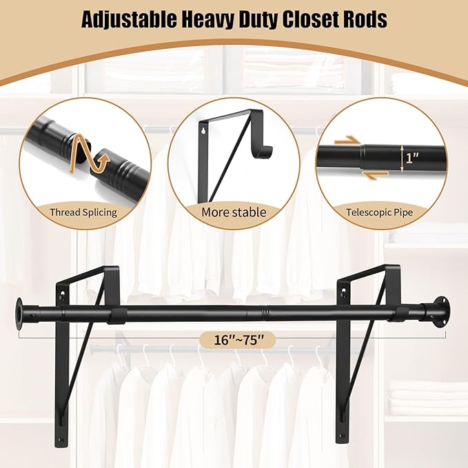 Closet Rod, 16 to 75 Inch Heavy Duty Adjustable Clothes Rod for Hanging Clothes and Heavy Duty Clothes Rod Bracket Rods Support (The Shelf NOT Included) (Black)