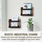 MyGift Set of 2 Rustic Burnt Wood and Matte Black Metal Wall-Mount Magazine Racks – Industrial Style Display Holders for Mail, Books, and Documents