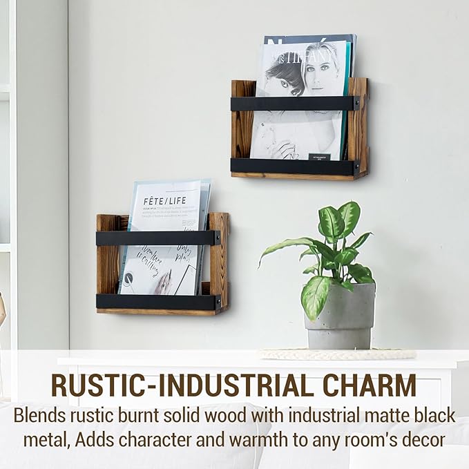 MyGift Set of 2 Rustic Burnt Wood and Matte Black Metal Wall-Mount Magazine Racks – Industrial Style Display Holders for Mail, Books, and Documents