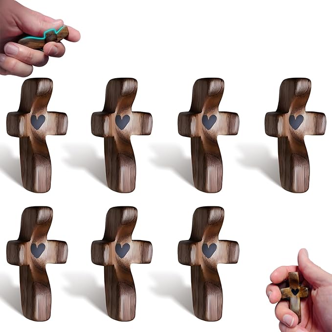 Cross My Heart,Wooden Cross,Encouragement Gift Stress Relief Cross,Prayer Cross for Hand,Pocket Cross Christian Gifts for Women and Fidget Toys for Children and Adults(Black 7Pcs