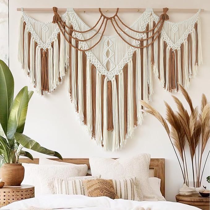 IOWER Boho Woven Wall Hanging Handwoven Brown and White Geometric Tapestry Handmade Macrame Decor for Modern Bedroom Living Room Apartment Office Home 47" W x 35" L