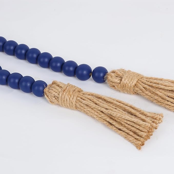 58in Wood Bead Garland with Tassels, Farmhouse Rustic Country Decor Prayer Boho Wall Hanging Decoration (Navy Blue)