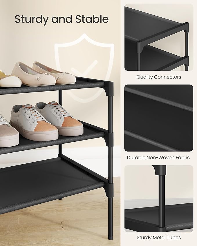 SONGMICS Shoe Rack, 3-Tier Shoe Storage Organizer, Space-Saving, 11.7 x 16.5 x 19.1 Inches, Entryway, Metal Frame, Non-Woven Fabric Shelves, Ink Black ULSH013BH01