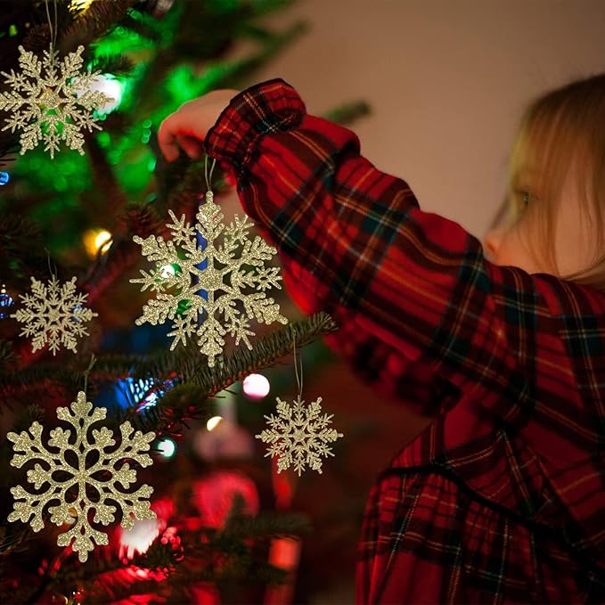 36pcs Christmas Gold Snowflake Ornaments Plastic Glitter Snow Flakes Ornaments for Winter Christmas Tree Decorations Size Varies Craft Snowflakes
