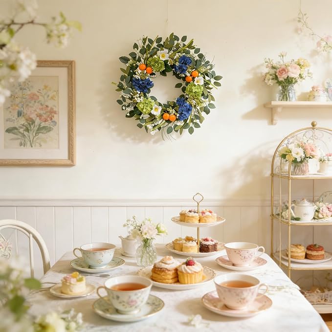 Idyllic 22 Inch Spring Wreath Blue Green Hydrangea with Orange Berries White Flowers Front Door Window Mantel Wedding Home Decor
