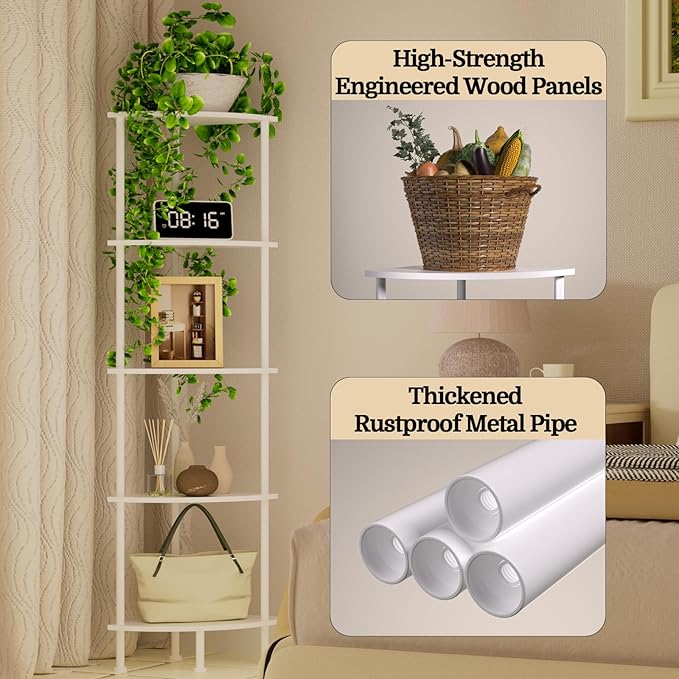 5-Tier Corner Shelf Stand, 52" Industrial Corner Display Rack for Living Room, Bookshelf, Tall Display Shelf, Plant Stand, Storage Standing Shelf for Bedroom, Bathroom, Kitchen, White
