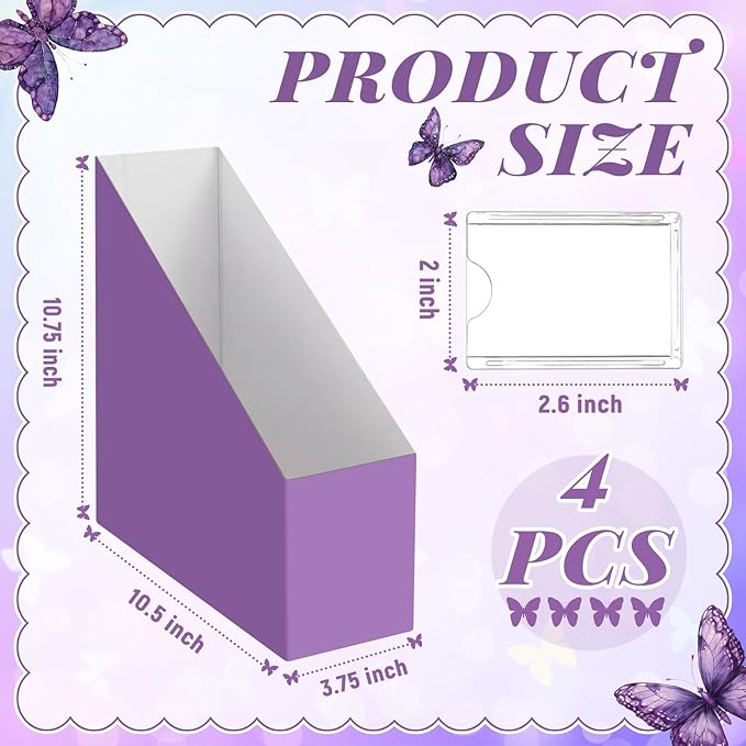 AmazingSpark Set of 4 Purple Butterfly Magazine Holder Decorative Foldable Magazine Storage Boxes with Acrylic Label Holders Coquettish Boho Organizer for Office Home Organization Storage