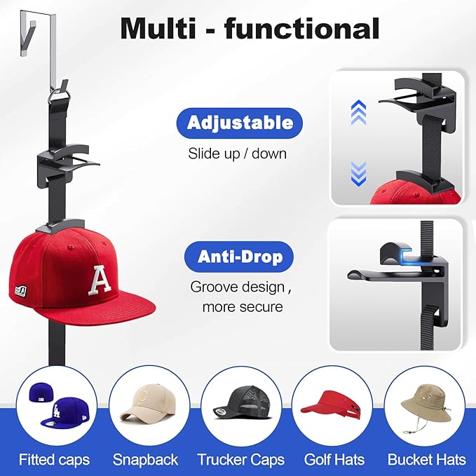 Hat Rack for Door - Two-Way Hanging Caps with Display Hooks and Hanger, Hat Organizer for Baseball Caps, Over the Door Hat Storage Organizer for Bedroom, Entrance or Garage Doors - 1 Pack
