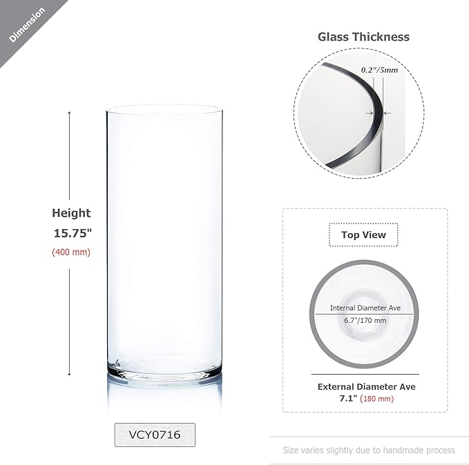 WGV Cylinder Vase Bulk, Width 7", Height 16", Clear Wide Large Diameter Flower Glassware, Floral Container, Planter Terrarium for Wedding Party Event, Home Accent Decor, 4 Pieces