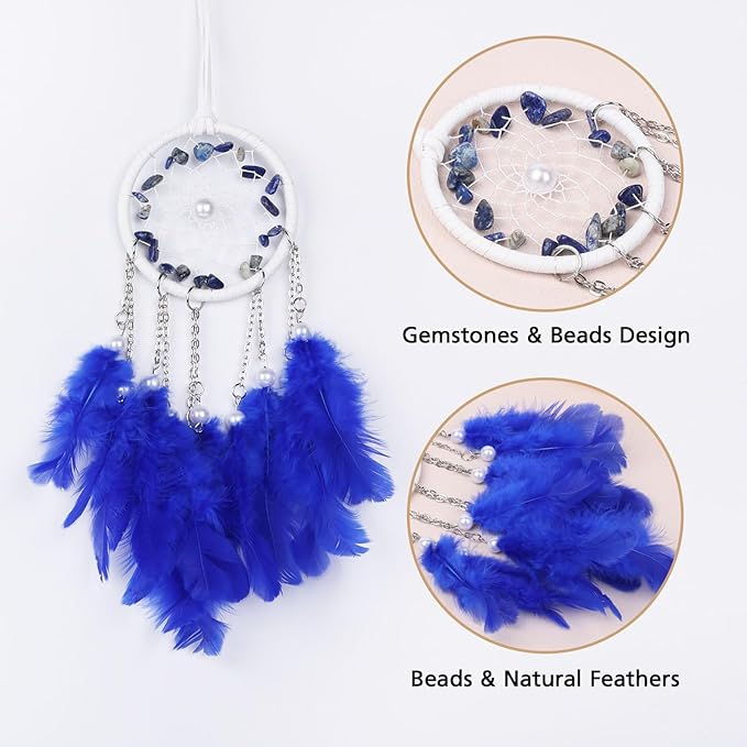 Pretty Jolly Crystal Stone Small Dream Catchers Blue Feathers Mini Dreamcatchers with Beads for Car Rear View Mirror Hanging Decoration Good Luck Travel Charm Little Bedroom Ornaments for Women Girls