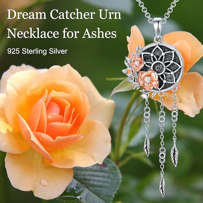 Dream Catcher Pendant Necklace 925 Sterling Silver Synthetic Moonstone Crystal Sunflower Rose Flower Evil Eye Dreamcatcher Cremation Jewelry Gifts for Women Wife Mom