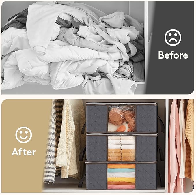 Lifewit 6 Pack Clothes Storage Bag, Foldable Storage Bin Closet Organizer with Reinforced Handle, Sturdy Fabric Blanket Storage with Clear Window, Storage Containers for Clothing, Bedding, Gray