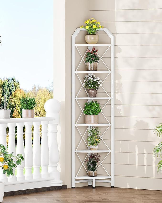 CHOEZON 6-Tier Industrial Corner Shelf, 71.2" Corner Storage Stand, Plant Stand Display Shelf, Corner Bookcase for Bedroom, Living Room, Home Office, White TCJ11WB