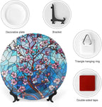 Stained Glass Theme Decorative Ceramic Plate Round Porcelain Plate,6 inch,Cherry Tree Pattern,for Decorative Ornaments Giving Plates, 1 Plate with 1 Display Stand,Blue Pink