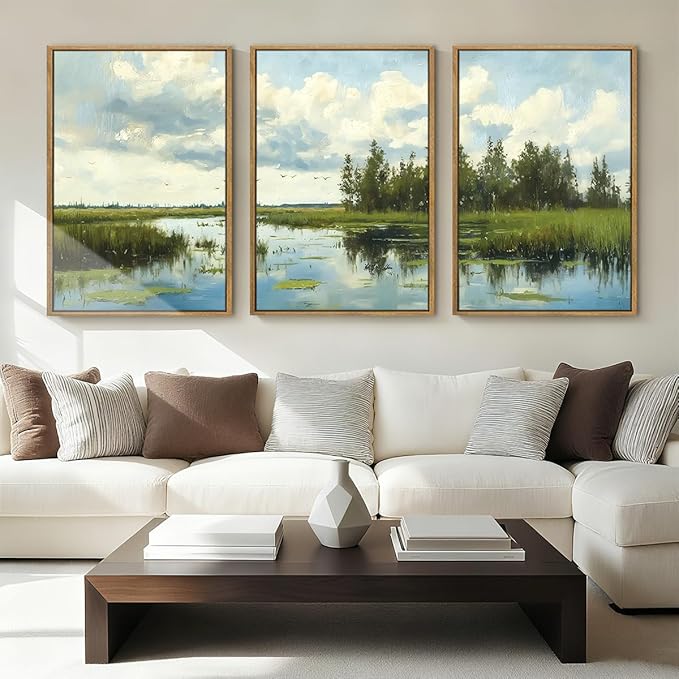 BINCUE Framed Green Nature Wall Art Lake Scenery Wall Decor Landscape Art Print Green Nature Landscape Artwork Green Plants Wall Pictures for Living Room Bedroom Office Farmhouse 16 x24 Inches Set of 3 Gift