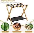 Fully Assembled Luggage Rack, 26.77" Natural Luggage Rack for Guest Room, Bamboo Folding Suitcase Stand with Fabric Storage Shelf, Heavy Duty 5 Nylon Straps Luggage Holder for Hotel, 1 Pack