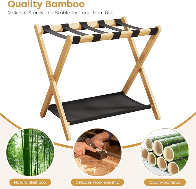 Fully Assembled Luggage Rack, 26.77" Natural Luggage Rack for Guest Room, Bamboo Folding Suitcase Stand with Fabric Storage Shelf, Heavy Duty 5 Nylon Straps Luggage Holder for Hotel, 1 Pack