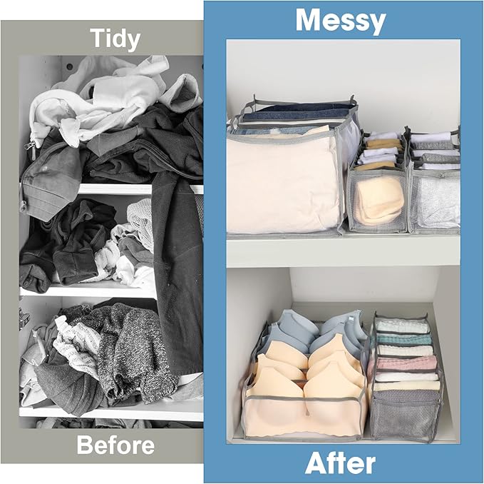 14 Pcs 6 Different Sizes Upgraded Wardrobe Clothes Organizer Jeans Organizer for Closet Foldable Pants Storage with Compartments Divided Sweater Boxes for Closet Shirts Underwear Socks Bra Bins, Gray