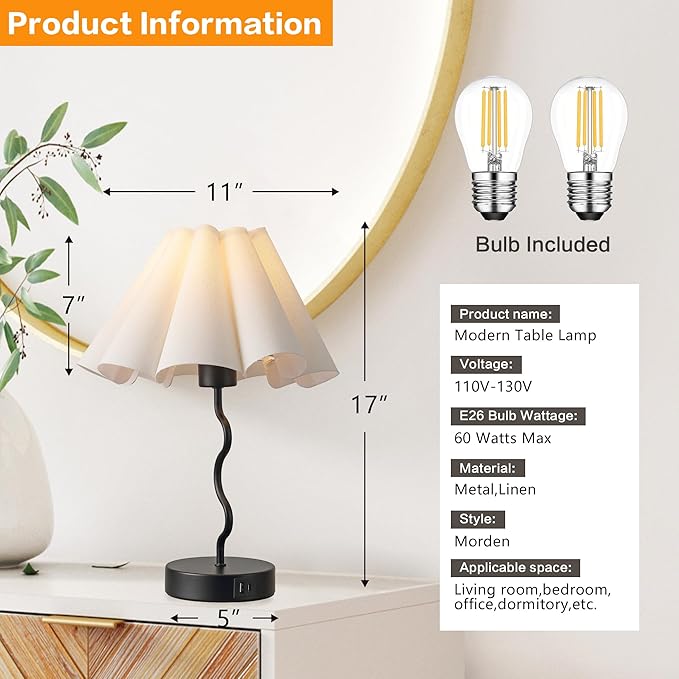 EOEYYOYB Pleated Table Lamp, Set of 2 Table Lamps for Bedroom, Bedside Lamps for Nightstand with Linen Lampshade, Modern Lamp for Bedroom Home Office Decor, Black