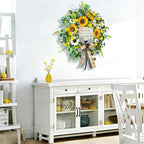 Spring Wreaths for Front Door 24 Inch Handmade Spring Summer Wreath with Artificial Sunflowers,Welcome Message Sign & Elegant Bow and White Yellow Daisy Wildflowers for Home,Porch&Gift Giving