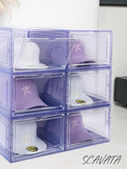 6 Pack Hat Organizer Box, Stackable Clear Baseball Caps Holder Box Containers with Magnetic Door for Hats Snapback Cap Storag, Hat Rack Display Case, Holds 8 Hats Each (Purple)