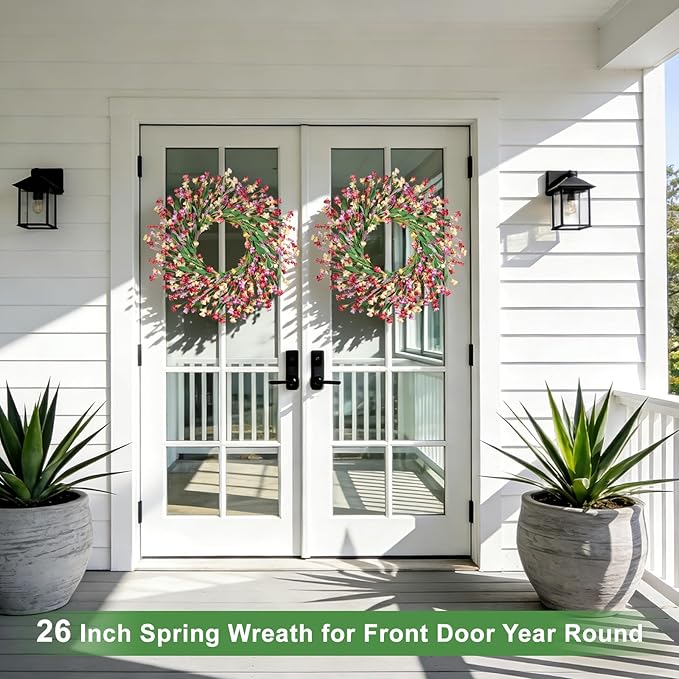 Artgar Front Door Wreath 26 Inch Spring/Summer Wreaths for Front Door, Front Door Wreaths for All Seasons for Indoor Outdoor Home Office Wall Window Wedding Farmhouse Decor (Red&Orange&Purple)