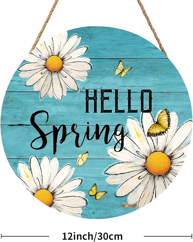 Spring Summer Daisy Flower Sign for Front Door Hello Spring Wall Hanging Sign 12"x12" Welcome Butterfly Wood Door Hanger Farmhouse Rustic Blue Floral Wreath Sign for Home Outdoor Outside Porch Decor