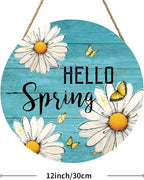 Spring Summer Daisy Flower Sign for Front Door Hello Spring Wall Hanging Sign 12"x12" Welcome Butterfly Wood Door Hanger Farmhouse Rustic Blue Floral Wreath Sign for Home Outdoor Outside Porch Decor