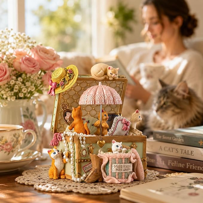 Cat Music Box for Girls, Cute Wind-Up Musical Keepsake Gift, for Daughter, Wife, Girlfriend, Sister, Granddaughter, Birthday Christmas Friendship Gift, Plays Castle in the Sky