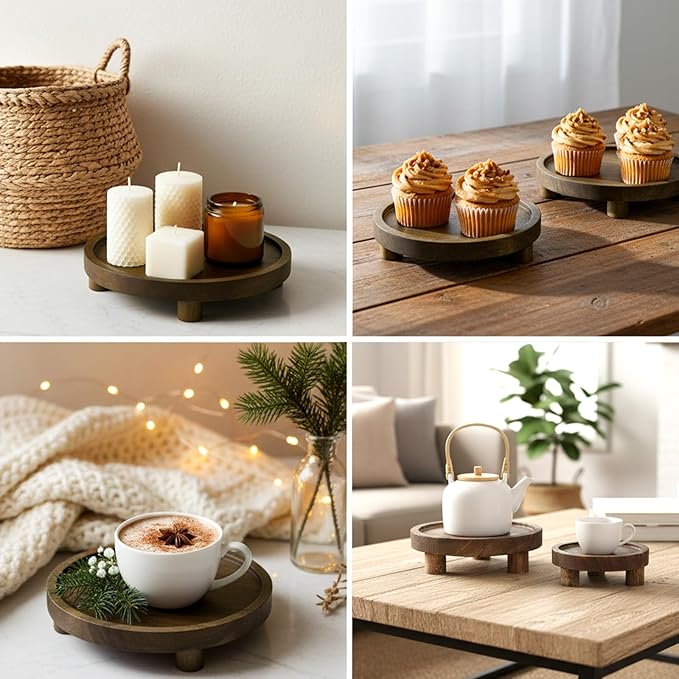 6PCS Wooden Risers for Display, Round Pedestal Counter Decor Holder, Rustic Riser Tray, Wood Cake Stand for Party Home Kitchen Counter Decor, 8/6/5 inch, Rustic Brown