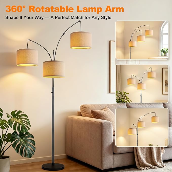Dimmable 3 Lights Floor Lamp - 3000LM Super Bright Arc Floor Lamps for Living Room, Modern Tall Standing Lamp With Beige Shades, Mid Century Tree Floor Lamp for Bedroom Office, 3 LED Bulbs Included
