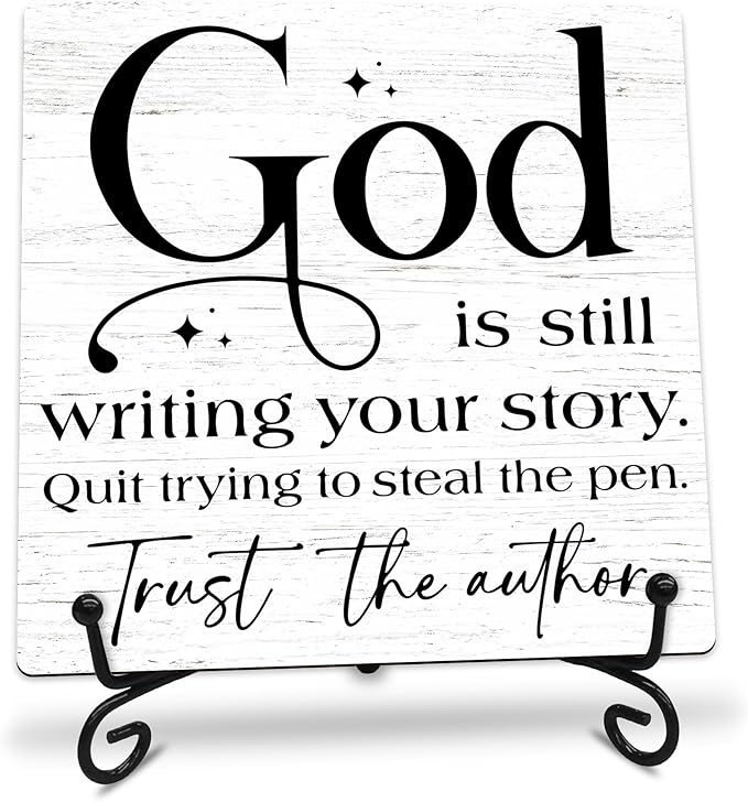 God Is Still Writing Your Story Wooden Sign - 5" Christian Wooden Plaque With Metal Support - Rustic Tabletop Home, Office Room Decor - Gifts For Family & Friends - A05