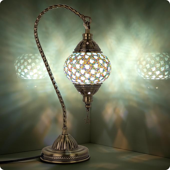 Yarra-Decor Turkish Moroccan Lamp with Bronze Base 3-Way Color Changing Handmade Swan Neck Tiffany Mosaic Glass Bedside Lamps for Bedroom (LED Bulb Included) (Colorful4)