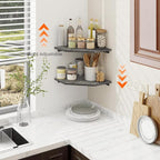 Homode Corner Shelf Wall Mount, Set of 2 Corner Floating Shelves with Cord Hole for TV, Cable Box, Wood Hanging Storage Shelf Organizer for Bathroom Kitchen Living Room Bedroom, Rustic Grey