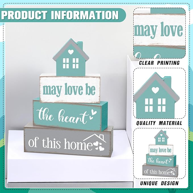 Cinnvoice 4 Pcs Farmhouse Tabletop Decor Rustic Family Blessed Home Table Centerpiece This Is Us Sign for Kitchen Shelf Desk Fireplace Mantel Tiered Tray Decor(May Love Be the Heart of This Home)