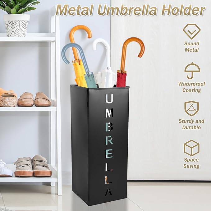 Metal Umbrella Holder, 16.5x6.3x6.3inch Square Free Standing Umbrella Rack Decorative Umbrella Holder Bin Multipurpose Walking Sticks Holder for Umbrella Cane Entryway Home Office (Style A)