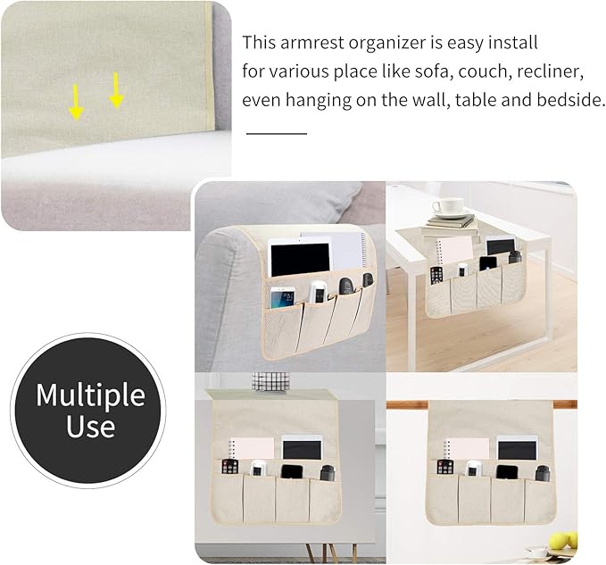 Sofa Armrest Organizer, Remote Control Holder for Recliner Couch, Arm Chair Caddy with 6 Pockets for Magazine, Tablet, Phone, iPad (Beige, W19'' x L33'')