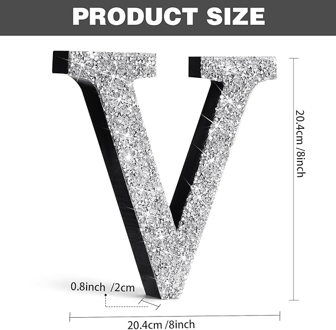 Qunclay 8'' Silver Crystal Diamond Bling Letters Crushed Diamond Decoration Wooden Glitter Letter with Screw and Hooks Rhinestone Gift for Wedding Y2k Mcbling Bedroom Wall Decor (Letter V)