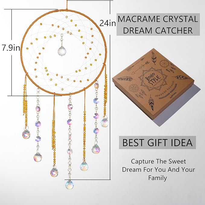Artilady Dream Catchers with Crystals - Large Boho Yellow Moon Dream Catcher Wall Decor House Decorations for Home Girls Kids Baby Bedroom Room Decor Christmas Birthday Teen Girl Boys Gifts