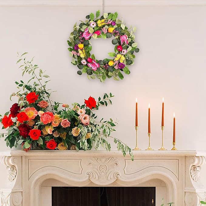 20 Inch Spring Floral Wreath with Butterflies & Berries - Artificial Tulip Eucalyptus Front Door Wreath for Year Round Home Decor, Spring, Summer, Mother's Day, Farmhouse Porch & Home Decor