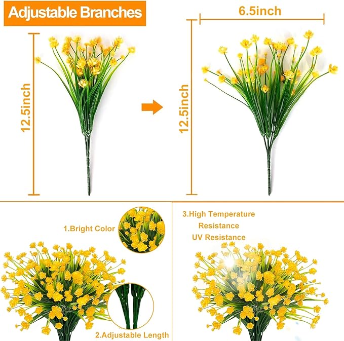 TURNMEON 12 Bundles Artificial Flowers for Outdoors Spring Decor, Realistic UV Resistant Fake Plants Faux Plastic Flowers for Outside Planter Home Gardens Porch Yards Cemetery Summer Decor(Yellow)