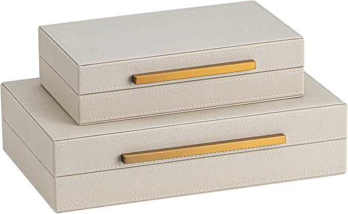 Set of 2 Beige Shagreen Decorative Storage Boxes with Gold Metal Handles – Faux Leather Jewelry & Memory Boxes, Nesting Photo Organizers for Home Decor