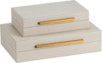 Set of 2 Beige Shagreen Decorative Storage Boxes with Gold Metal Handles – Faux Leather Jewelry & Memory Boxes, Nesting Photo Organizers for Home Decor