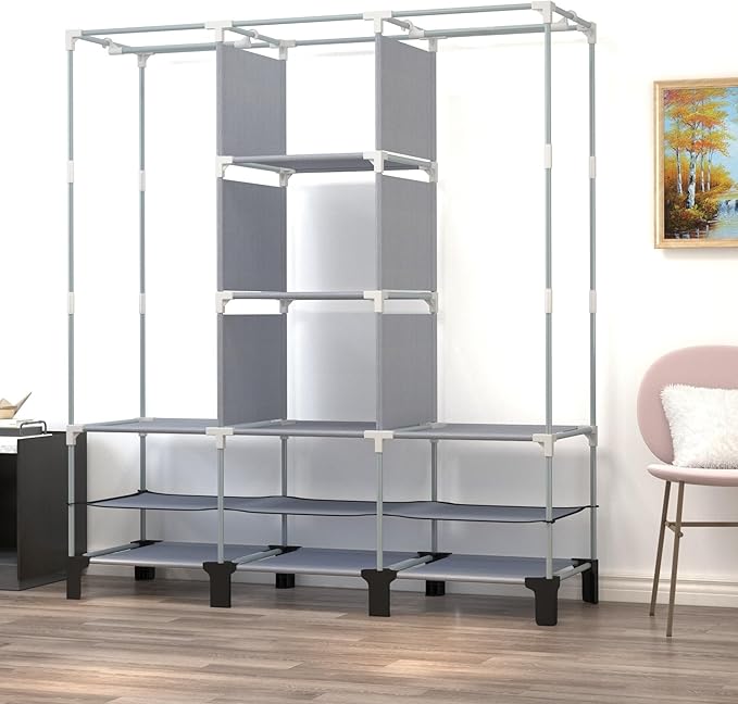 Portable Wardrobe with 10 Storage Racks and 2 Hanging Poles 6 Side Pockets Fleece Cover, Size 130 x 45 x 172 cm, Bedroom Closet Organizer (Coffee)