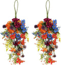 Wnvivi 2 Packs Artificial Flower Teardrop Swags, 25 Inch Decorative Swag with Colorful Daisy and Forsythia Flower and Green Leaves Floral Teardrop Swags for Front Door Wedding Wall Decor