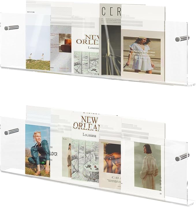 Acrylic Magazine Holder, 2 Pack Hanging Bookshelf Magazine Rack, Wall Mounted Floating Brochure Display for Waiting Room, Office, Home (Clear, 24 Inch)